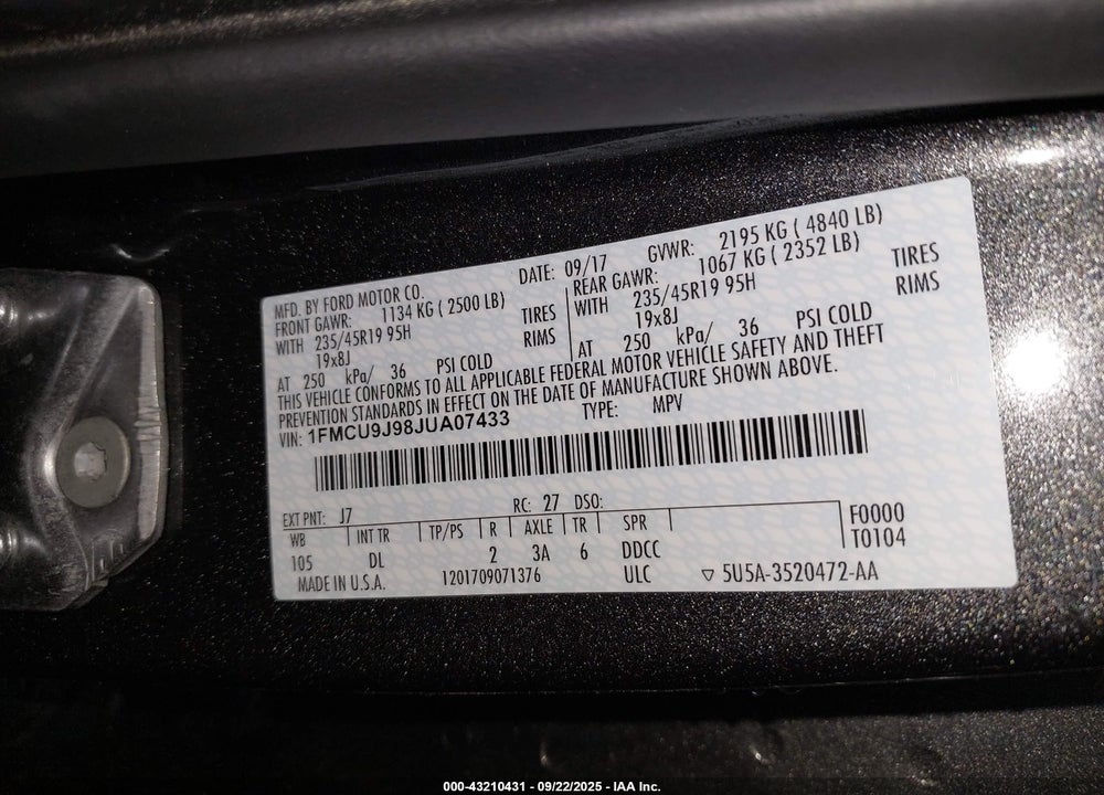 2018 FORD ESCAPE TITANIUM VIN: 1FMCU9J98JUA07433