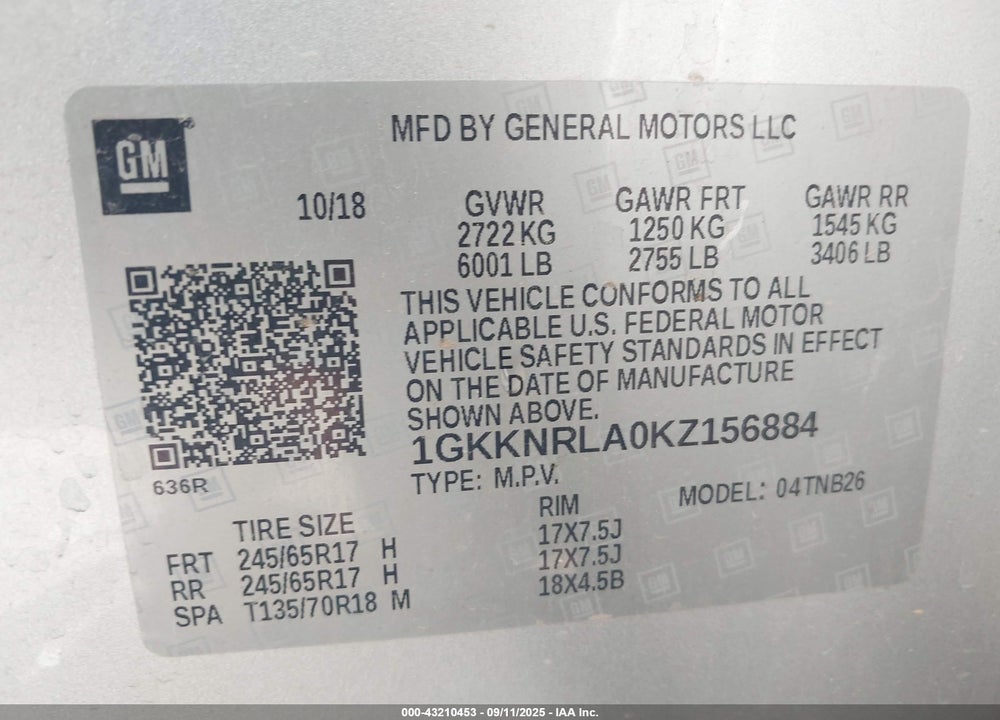 2019 GMC ACADIA SLE-1 VIN: 1GKKNRLA0KZ156884