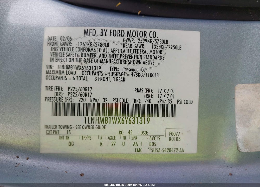 2006 LINCOLN TOWN CAR SIGNATURE VIN: 1LNHM81WX6Y631319