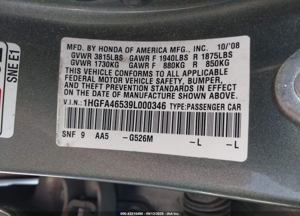 2009 HONDA CIVIC VIN: 1HGFA46539L000346