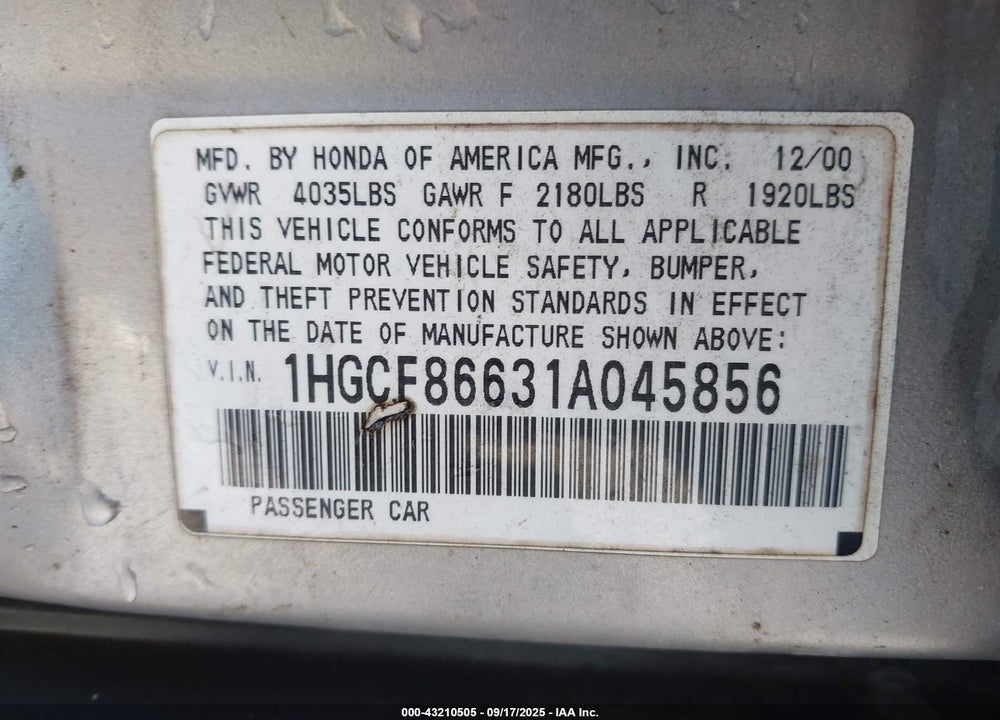 2001 HONDA ACCORD VIN: 1HGCF86631A045856