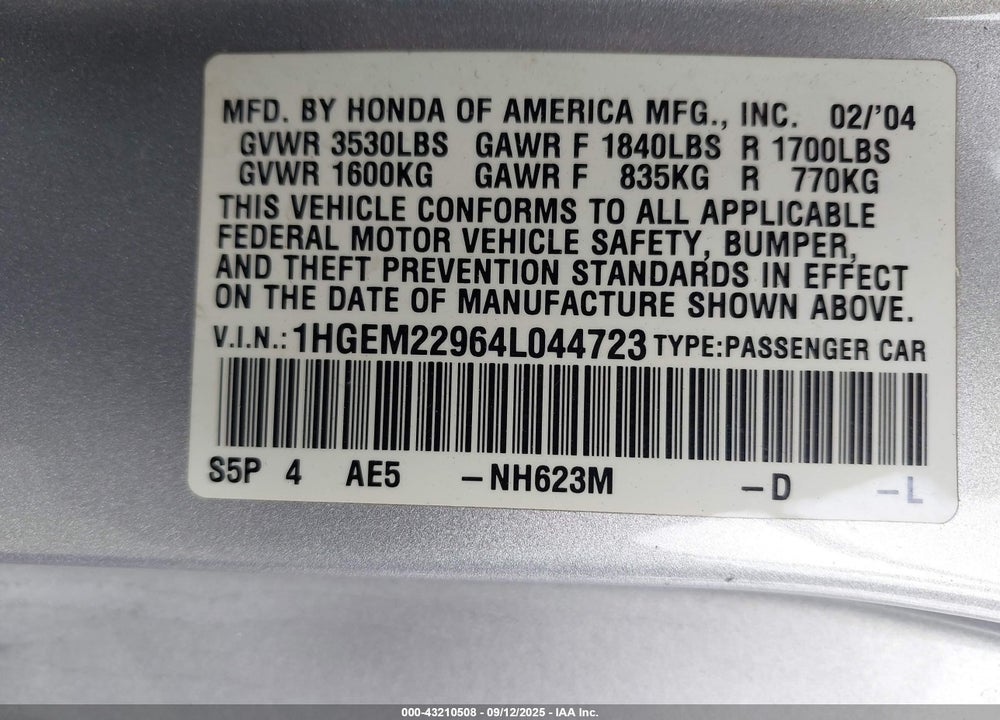 2004 HONDA CIVIC EX VIN: 1HGEM22964L044723