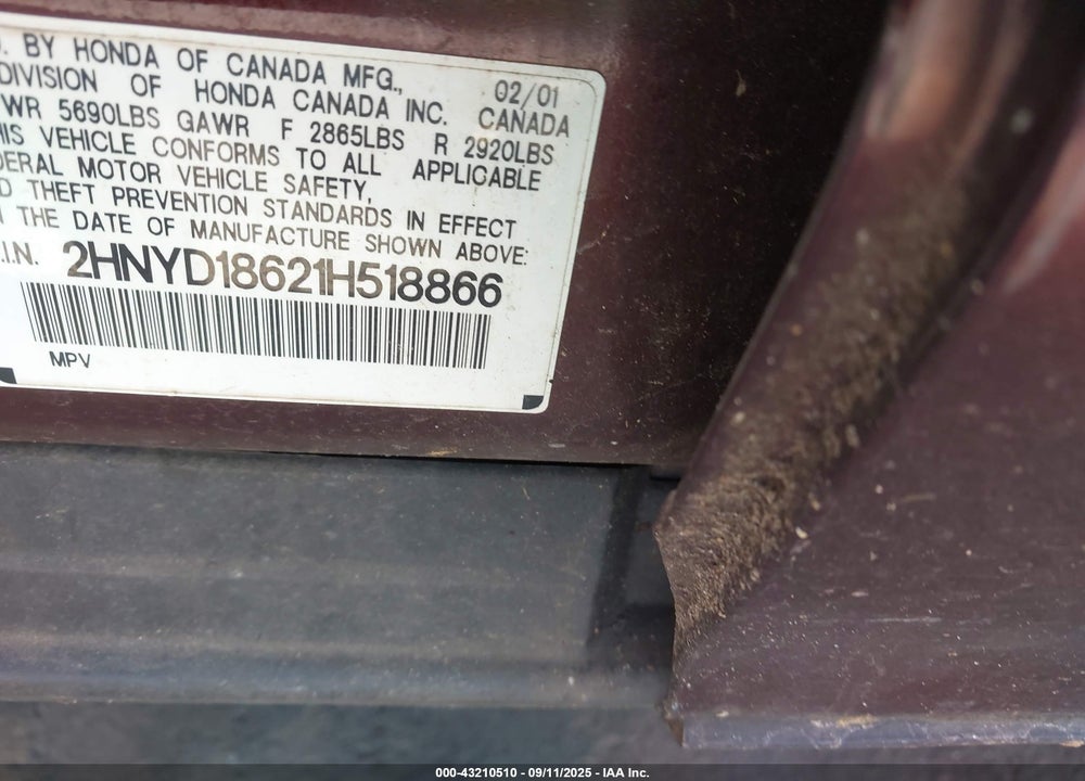 2001 ACURA MDX VIN: 2HNYD18621H518866