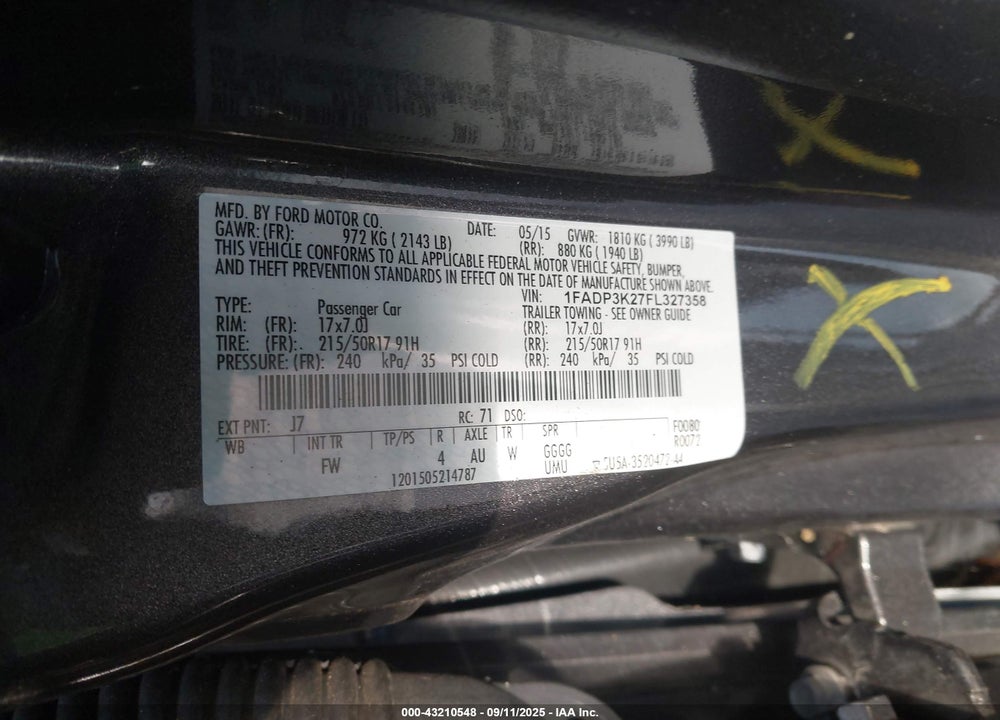 2015 FORD FOCUS VIN: 1FADP3K27FL327358