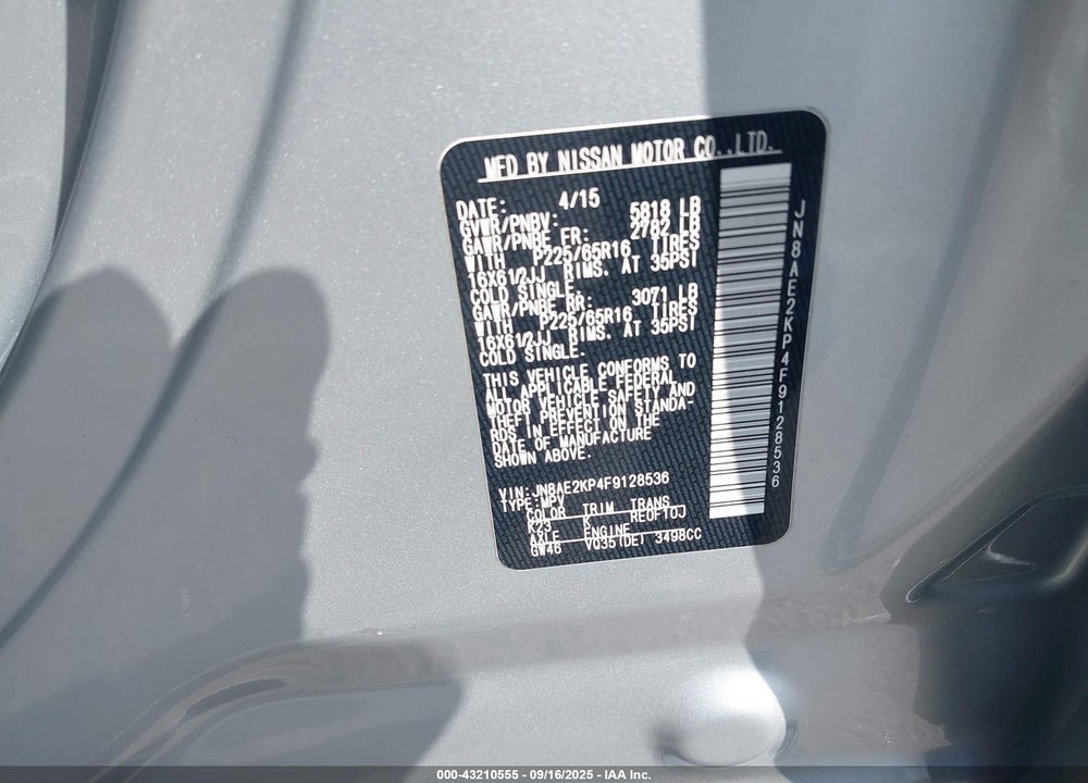 2015 NISSAN QUEST S VIN: JN8AE2KP4F9128536