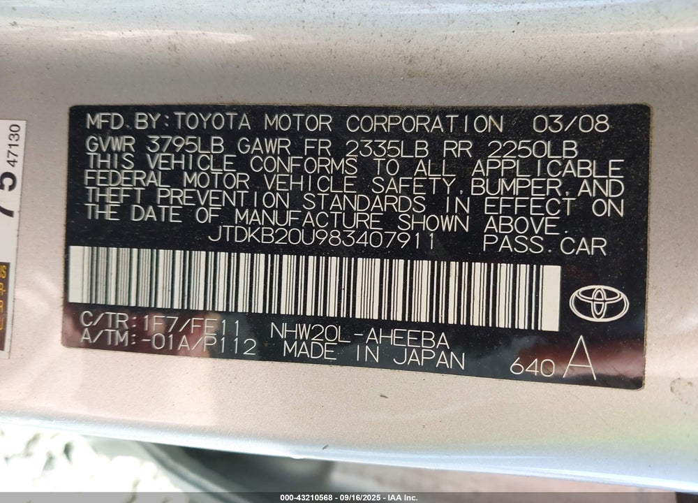 2008 TOYOTA PRIUS VIN: JTDKB20U983407911