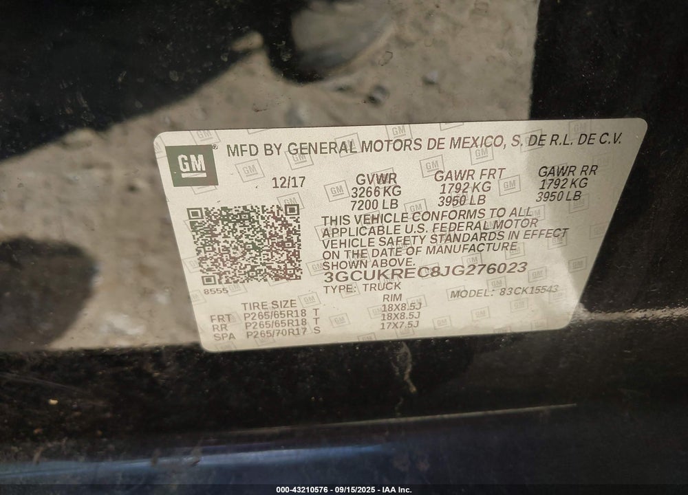 2018 CHEVROLET SILVERADO 1500 VIN: 3GCUKREC8JG276023