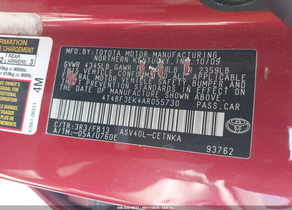 2010 TOYOTA CAMRY VIN: 4T4BF3EK4AR055730