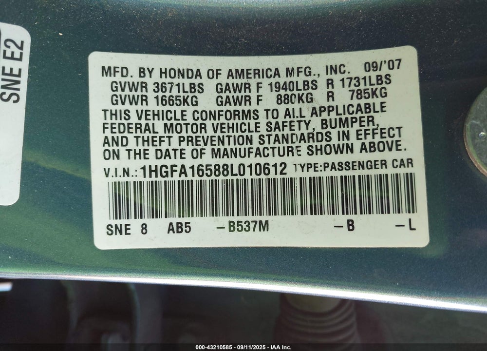 2008 HONDA CIVIC LX VIN: 1HGFA16588L010612