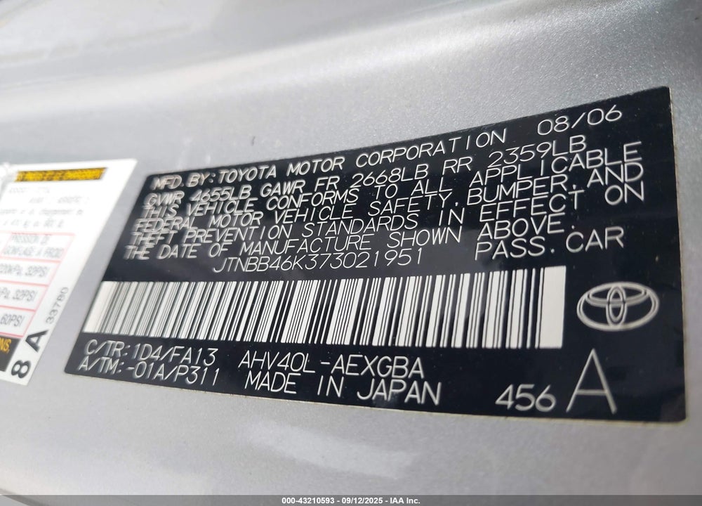2007 TOYOTA CAMRY HYBRID VIN: JTNBB46K373021951