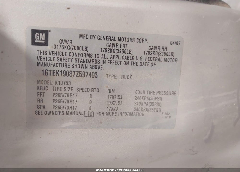2007 GMC SIERRA 1500 SLE1 VIN: 1GTEK19087Z597493