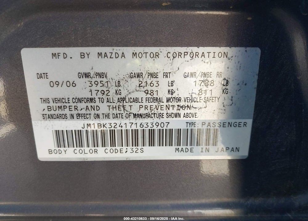2007 MAZDA 3 S TOURING VIN: JM1BK324171633907