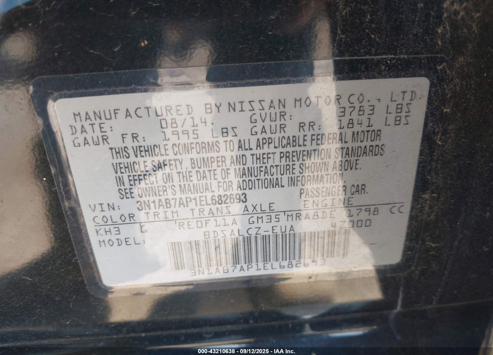 2014 NISSAN SENTRA S VIN: 3N1AB7AP1EL682693