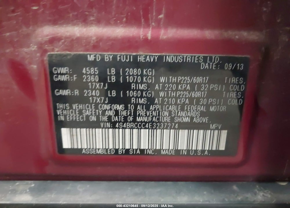 2014 SUBARU OUTBACK VIN: 4S4BRCCC4E3237274