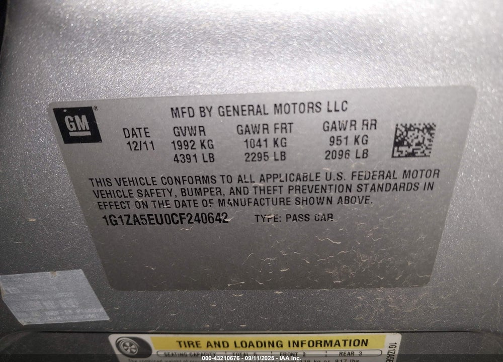 2012 CHEVROLET MALIBU LS VIN: 1G1ZA5EU0CF240642