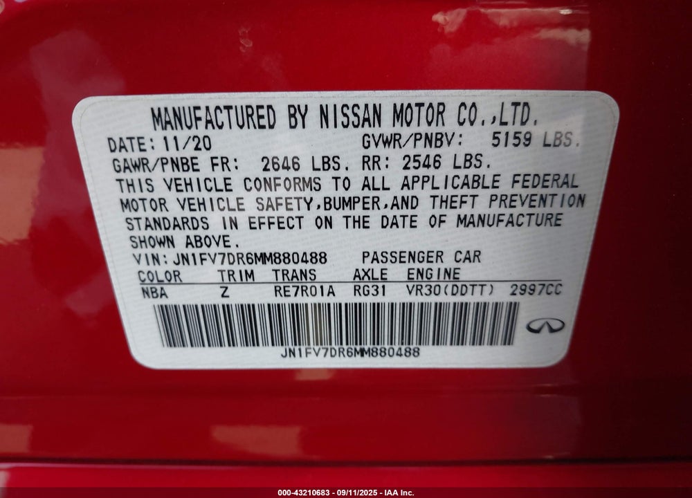 2021 INFINITI Q50 RED SPORT 400 AWD VIN: JN1FV7DR6MM880488