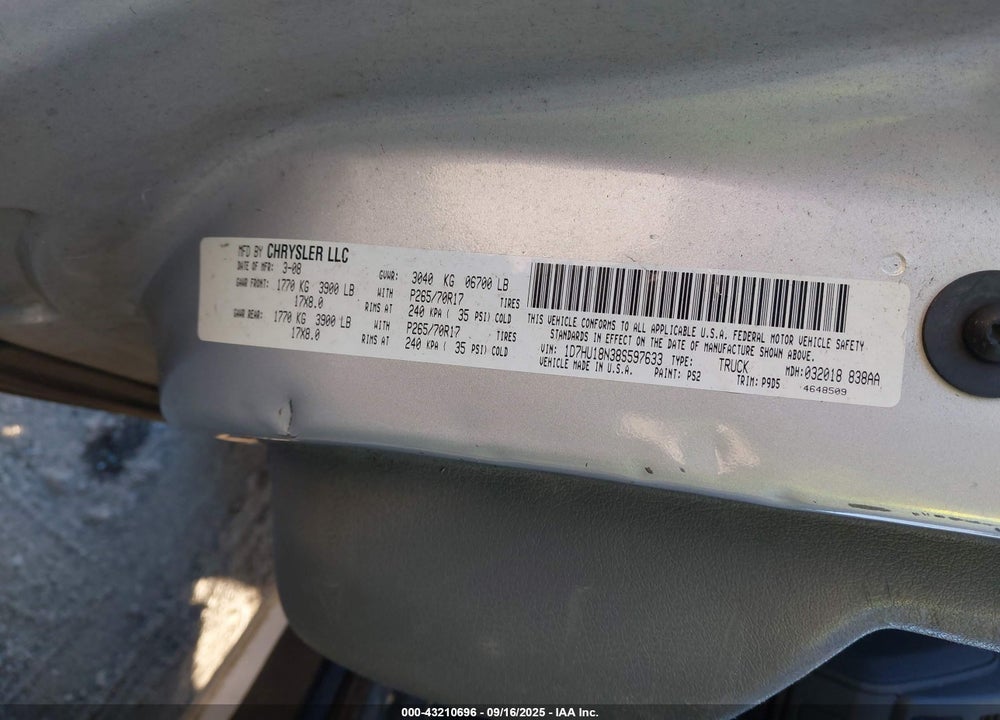 2008 DODGE RAM PICKUP VIN: 1D7HU18N28F597633