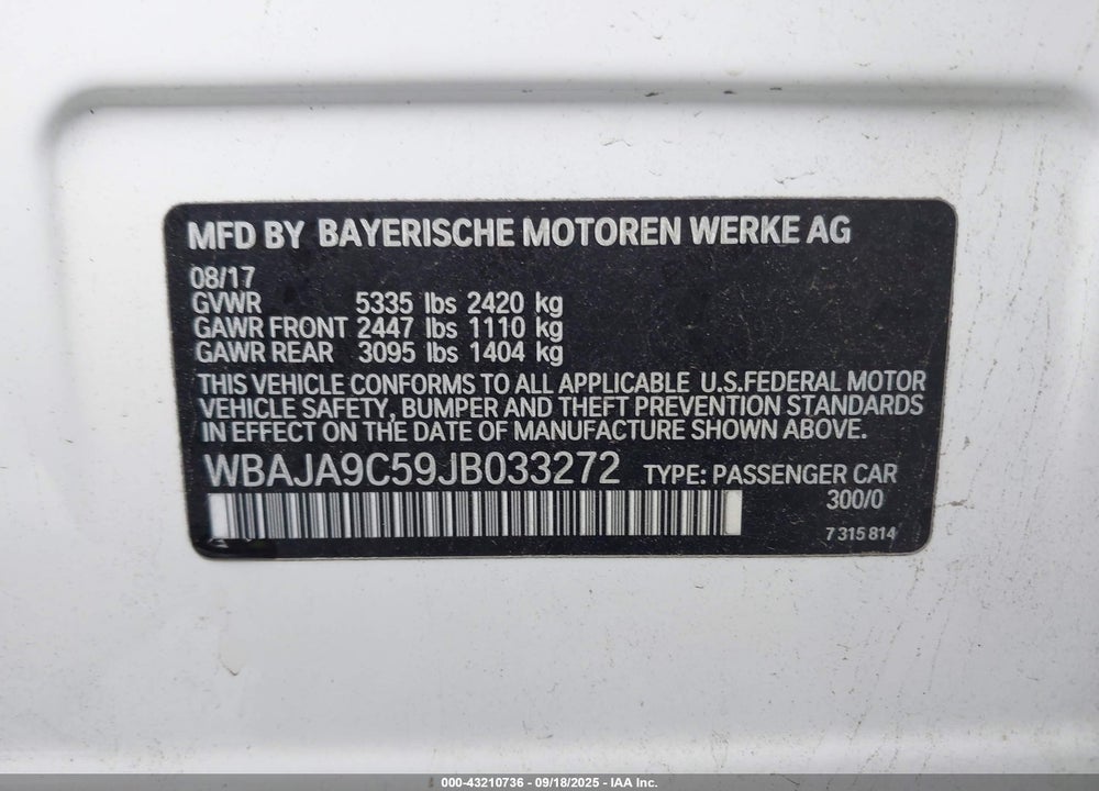 2018 BMW 5 SERIES VIN: WBAJA9C59JB033272