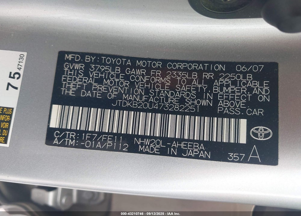 2007 TOYOTA PRIUS VIN: JTDKB20U473282251