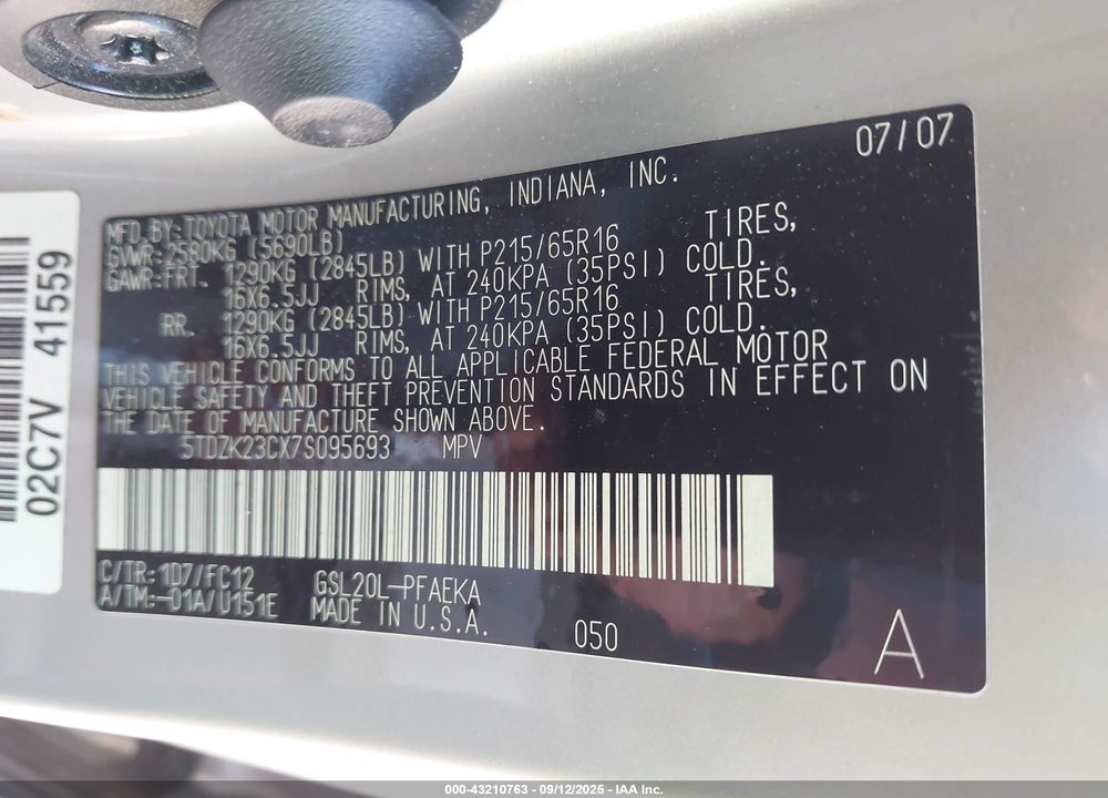 2007 TOYOTA SIENNA LE VIN: 5TDZK23CX7S095693