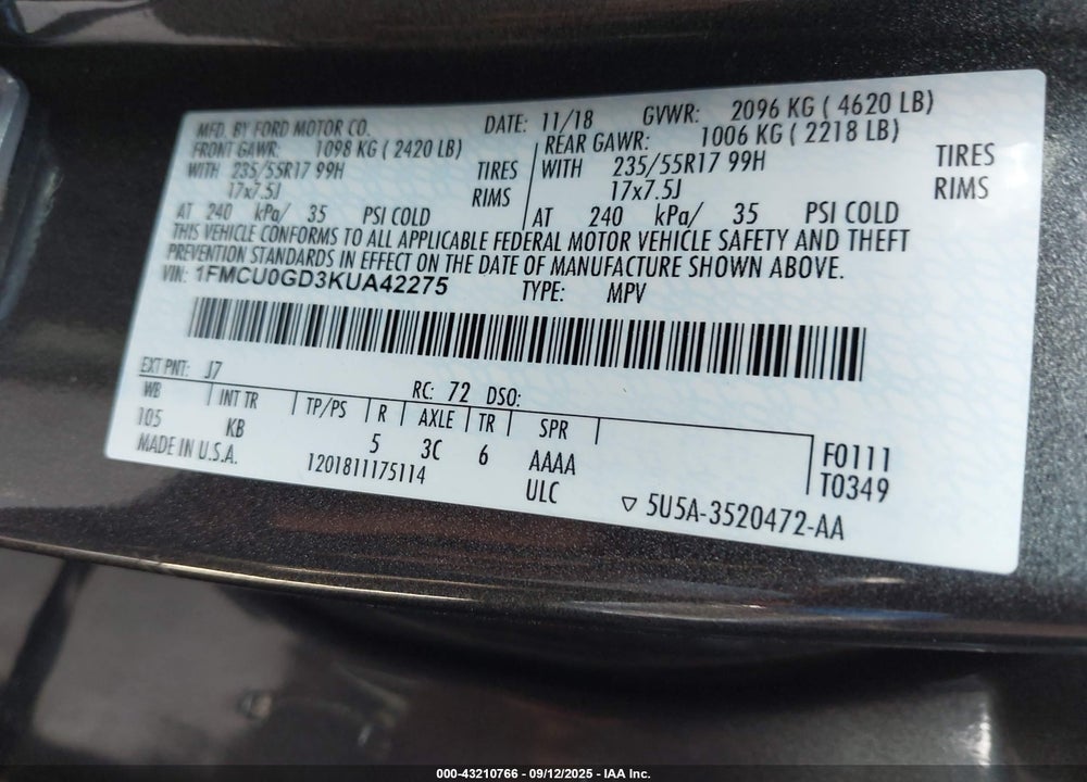 2019 FORD ESCAPE SE VIN: 1FMCU0GD3KUA42275