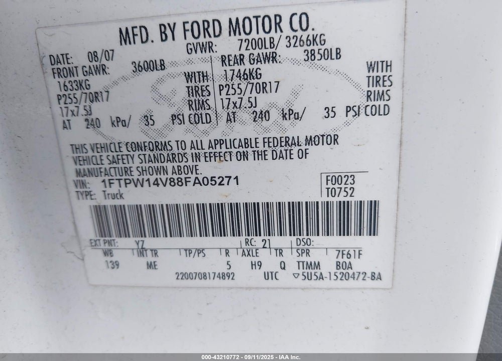2008 FORD F-150 VIN: 1FTPW14V88FA05271