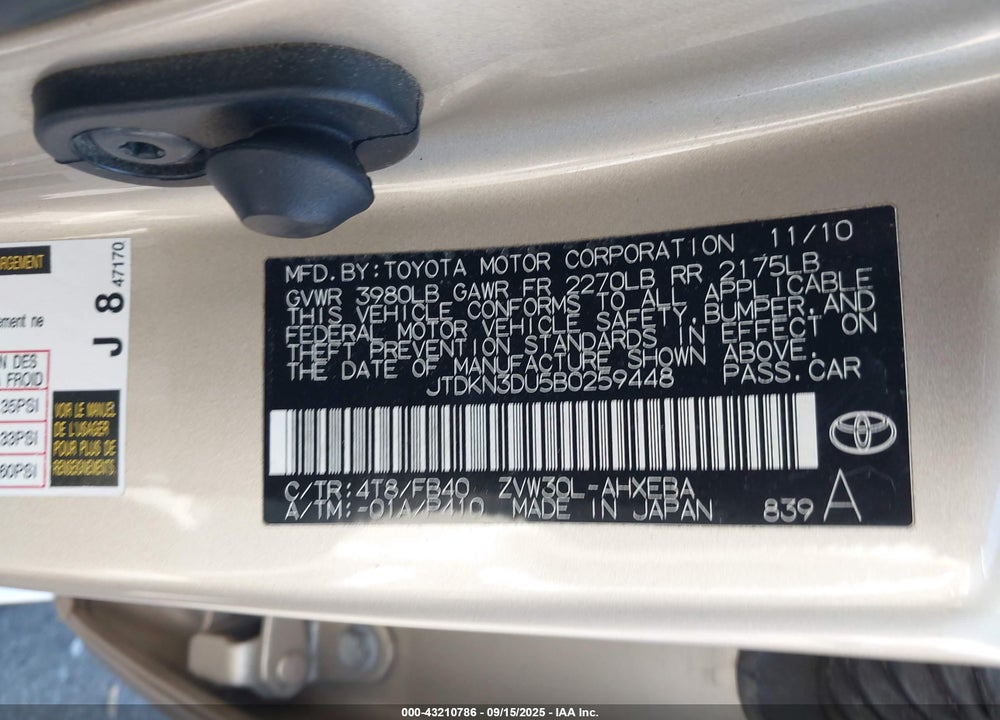 2011 TOYOTA PRIUS TWO VIN: JTDKN3DU5B0259448