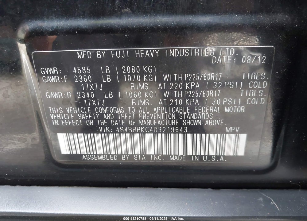 2013 SUBARU OUTBACK VIN: 4S4BRBKC4D3219643