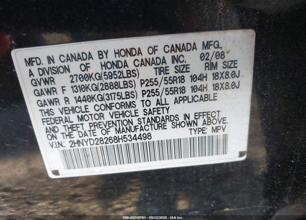 2008 ACURA MDX VIN: 2HNYD28268H534498