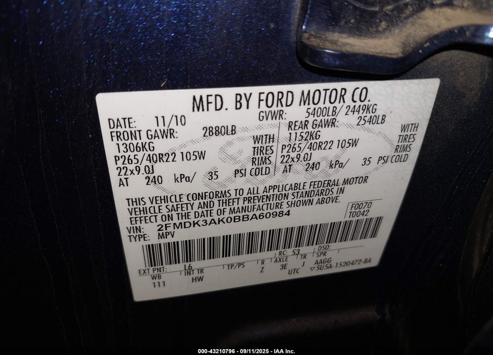 2011 FORD EDGE VIN: 2FMDK3AK0BBA60984