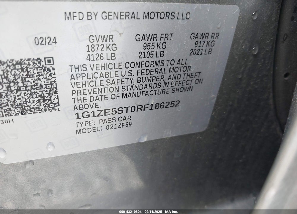 2024 CHEVROLET MALIBU VIN: 1G1ZE5ST0RF186252