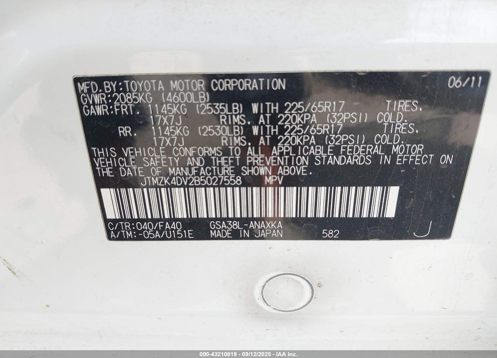 2011 TOYOTA RAV4 VIN: JTMZK4DV2B5027558