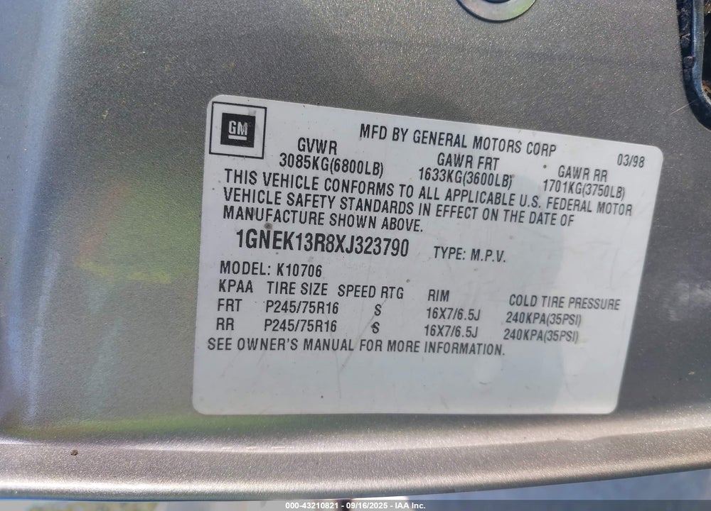 1999 CHEVROLET TAHOE LS VIN: 1GNEK13R8XJ323790
