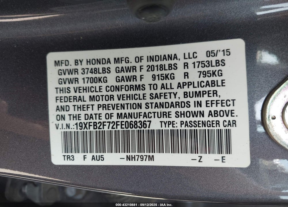 2015 HONDA CIVIC VIN: 19XFB2F72FE068367