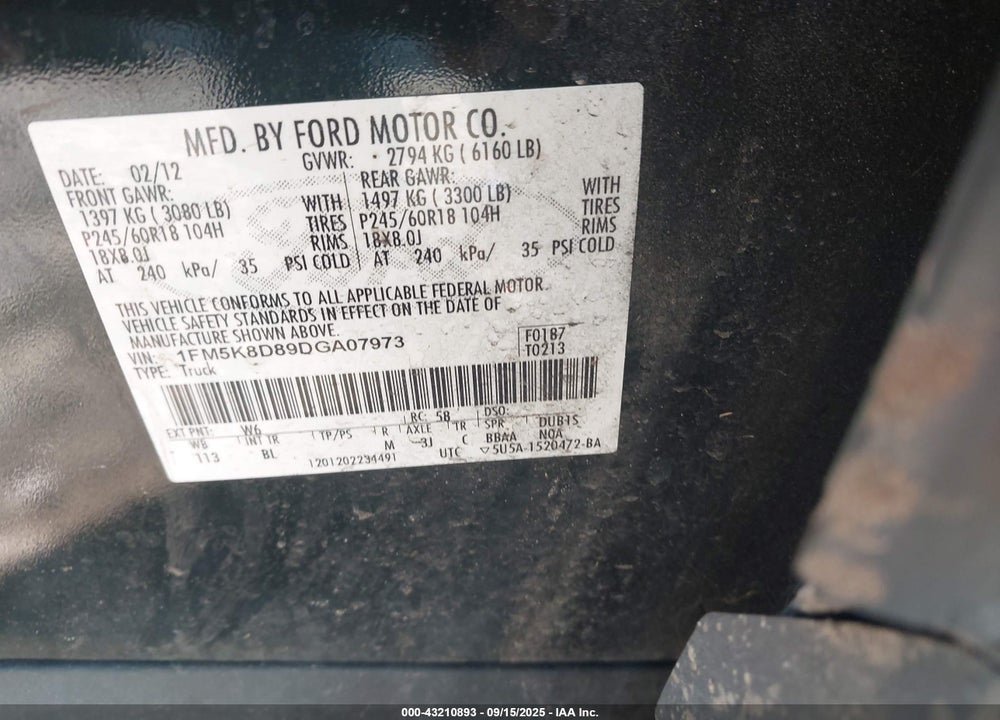 2013 FORD EXPLORER VIN: 1FM5K8D89DGA07973