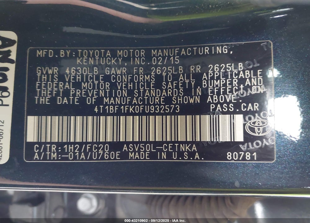 2015 TOYOTA CAMRY VIN: 4T1BF1FK0FU932573