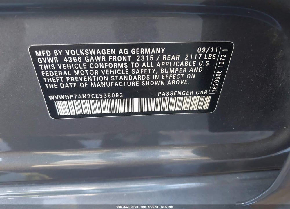 2012 VOLKSWAGEN CC VIN: WVWHP7AN3CE536093