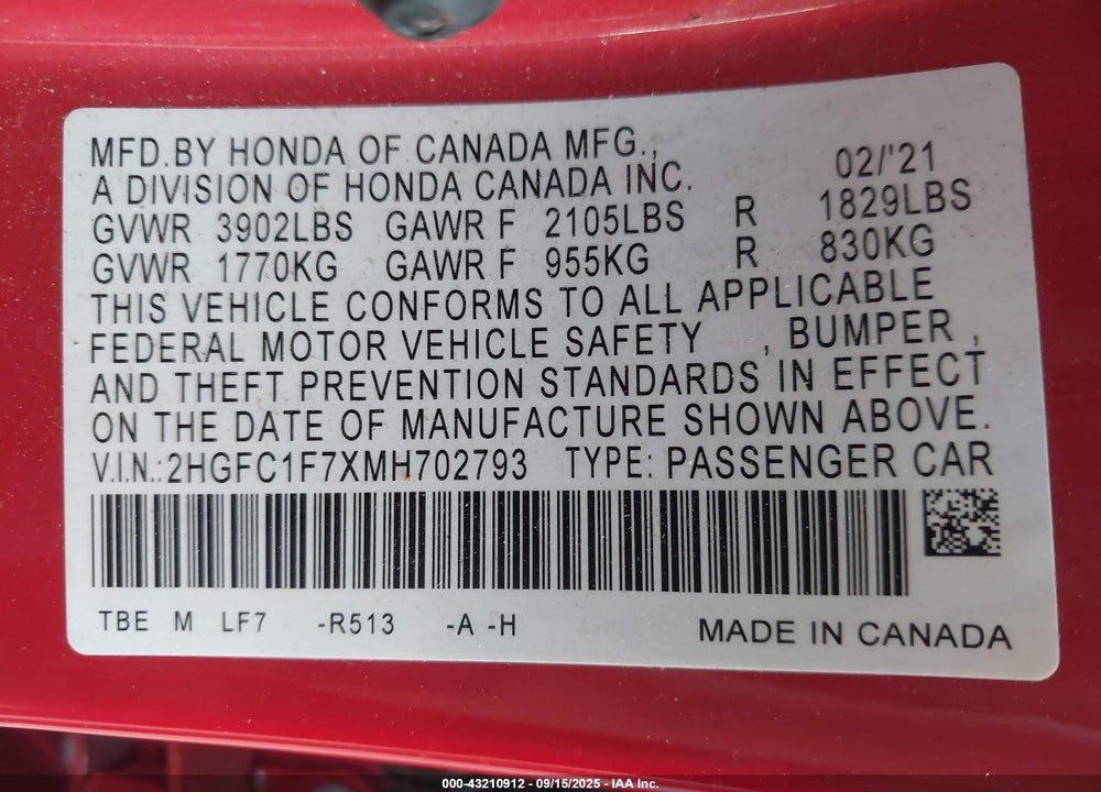 2021 HONDA CIVIC VIN: 2HGFC1F7XMH702793