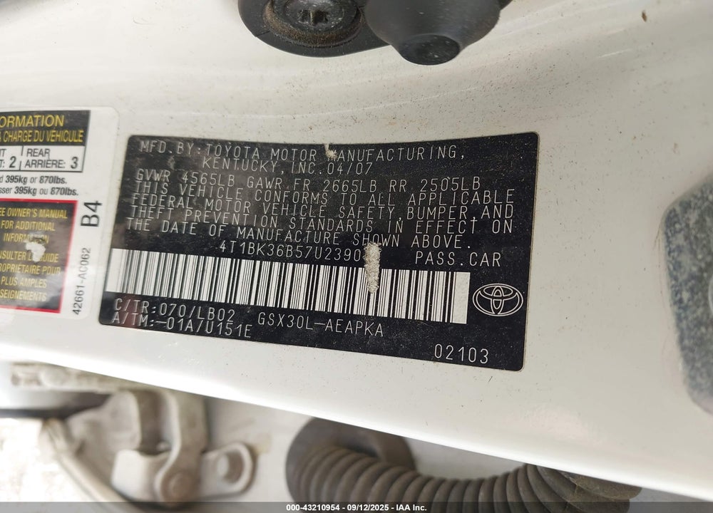 2007 TOYOTA AVALON LIMITED VIN: 4T1BK36B57U239040