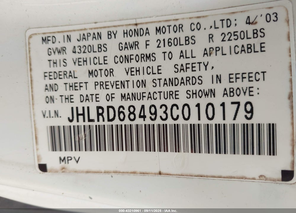 2003 HONDA CR-V LX VIN: JHLRD68493C010179