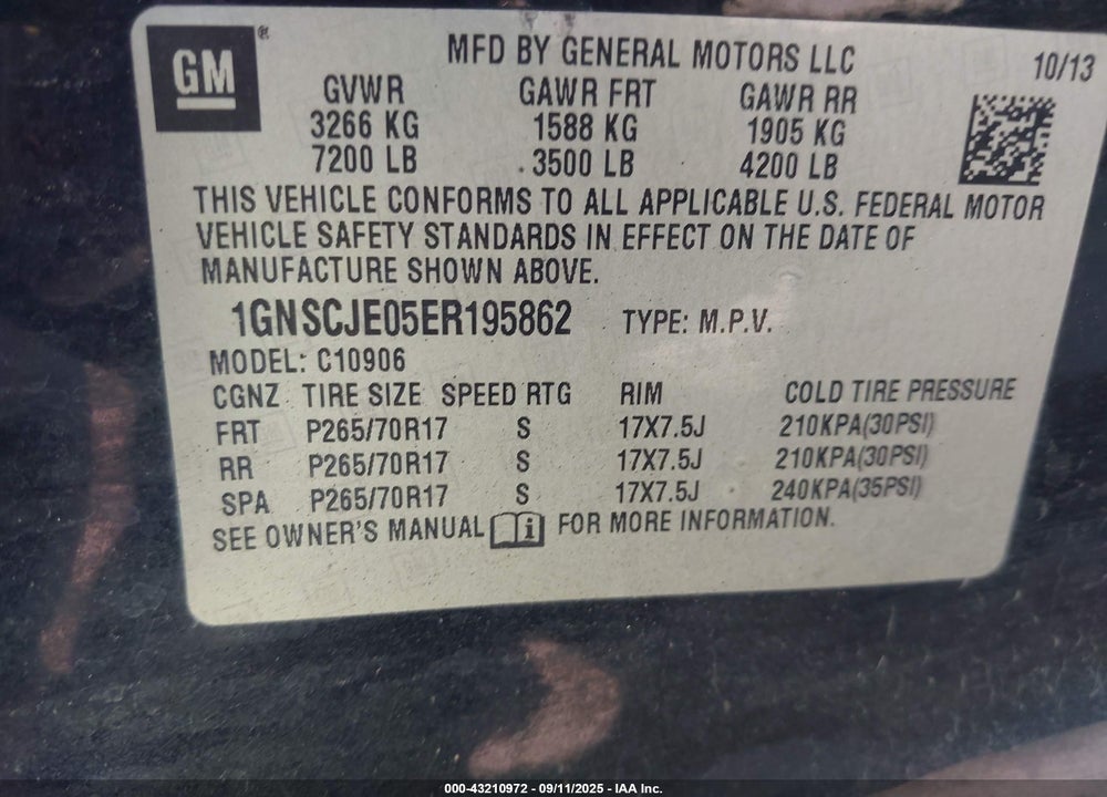 2014 CHEVROLET SUBURBAN 1500 VIN: 1GNSCJE05ER195862
