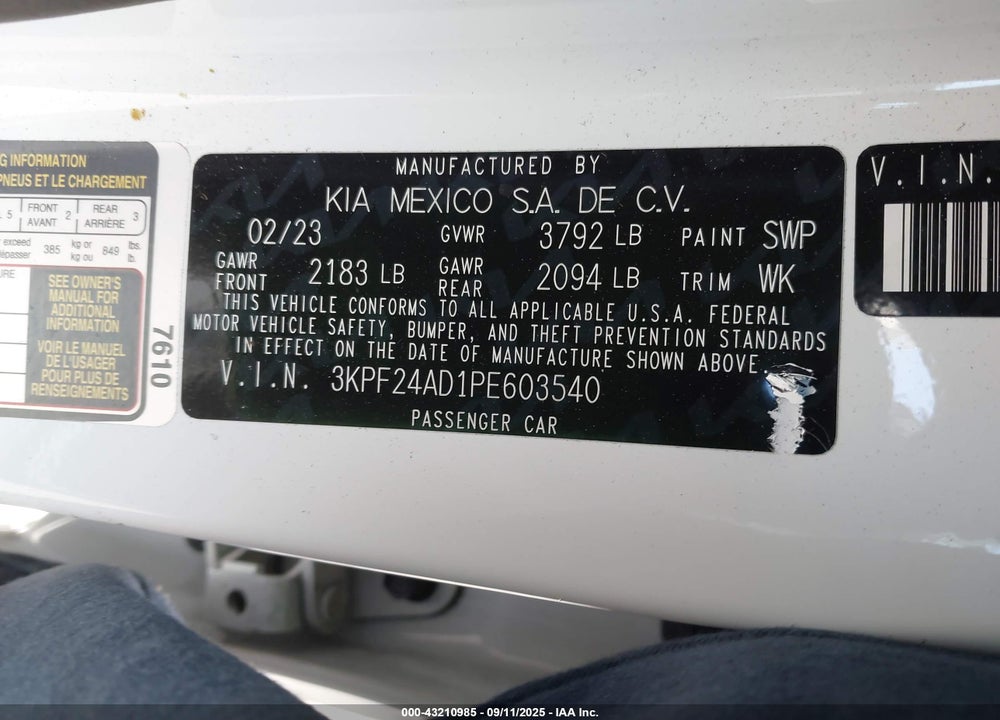 2023 KIA FORTE VIN: 3KPF24AD1PE603540