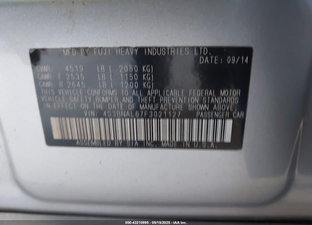 2015 SUBARU LEGACY VIN: 4S3BNAL67F3021127