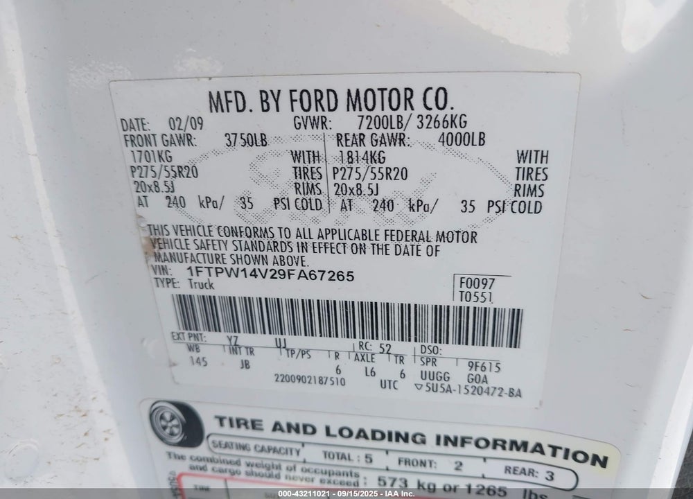 2009 FORD F-150 VIN: 1FTPW14V29FA67265