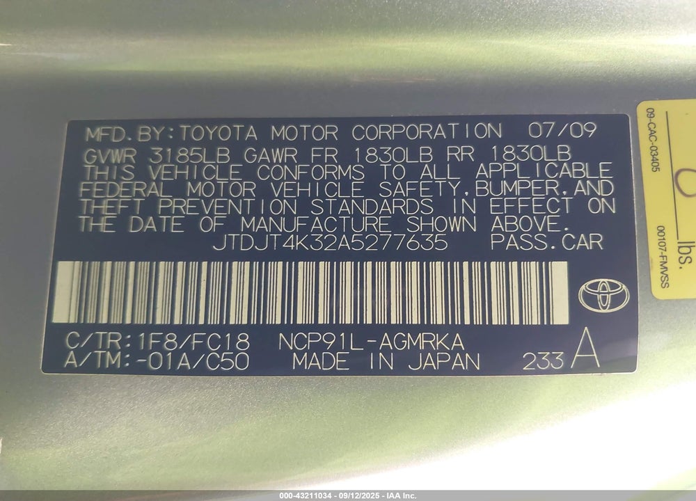 2010 TOYOTA YARIS VIN: JTDJT4K32A5277635