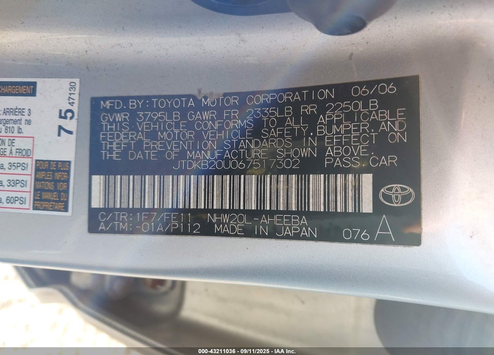 2006 TOYOTA PRIUS VIN: JTDKB20U067517302