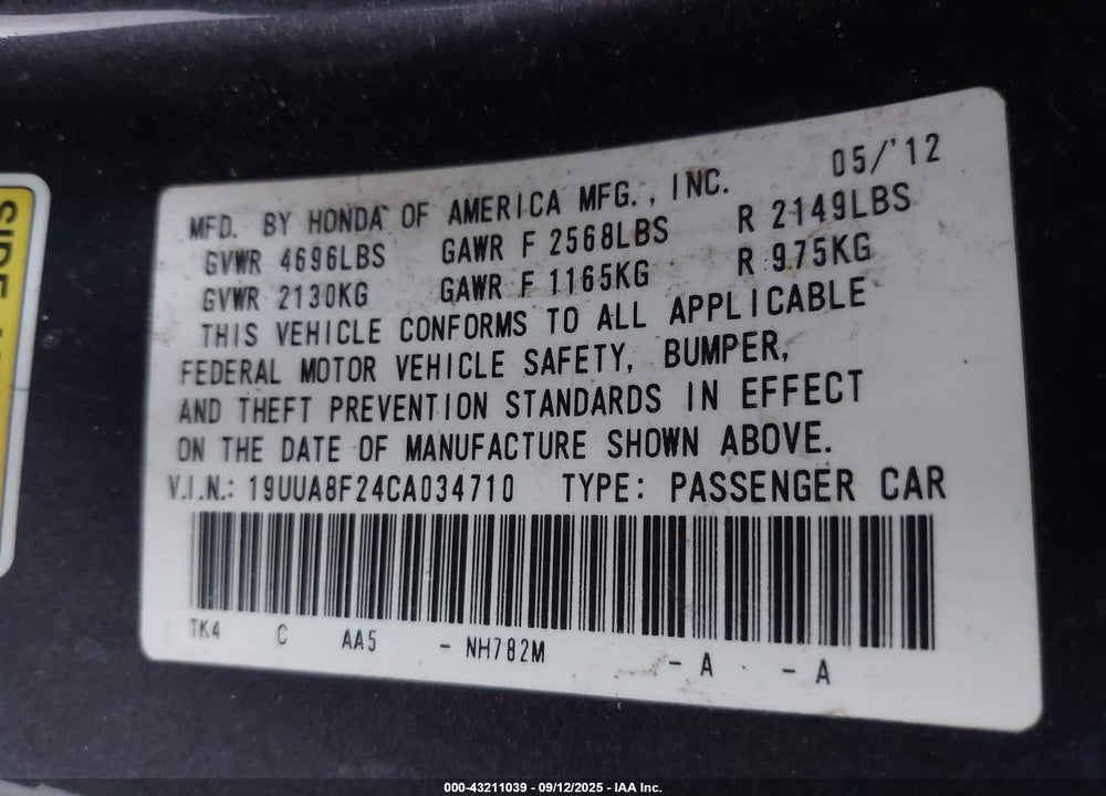 2012 ACURA TL VIN: 19UUA8F24CA034710