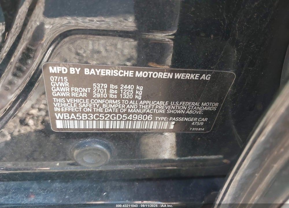 2016 BMW 5 SERIES VIN: WBA5B3C52GD549806