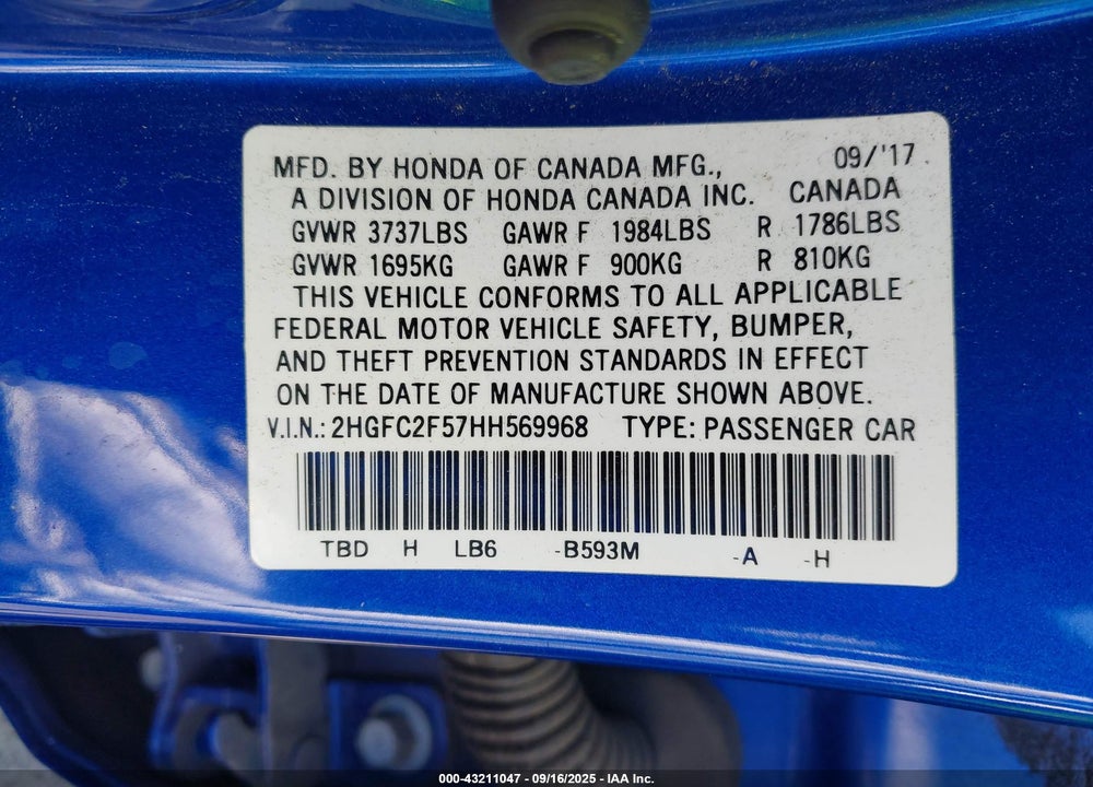 2017 HONDA CIVIC LX VIN: 2HGFC2F57HH569968
