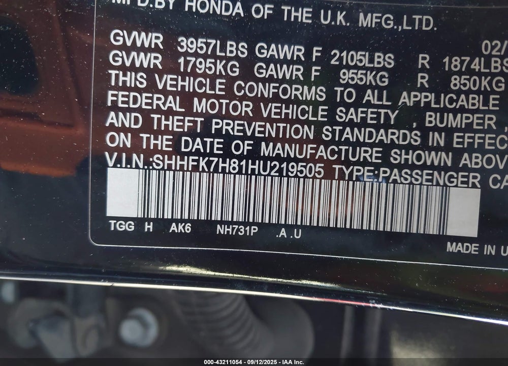 2017 HONDA CIVIC VIN: SHHFK7H81HU219505